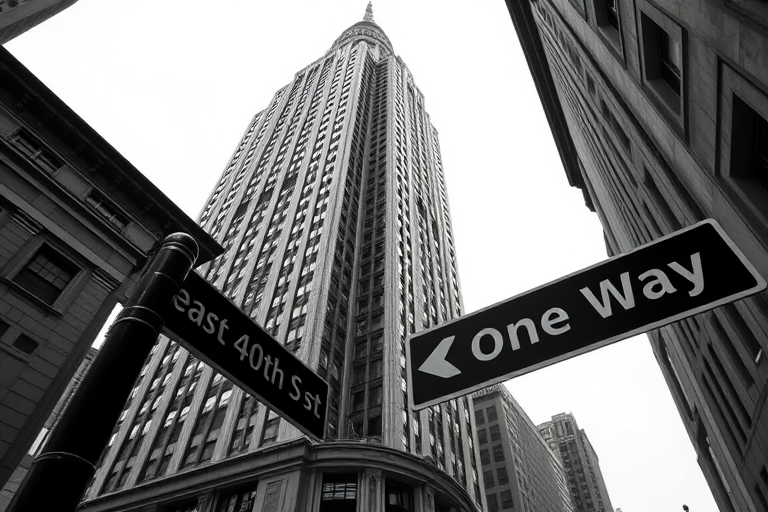 a black and white photograph of the Chrysler Building from a low angle, capturing street signs for East 40th St and One Way, DSLR camera, aperture f/8, shutter speed 1/250s, ISO 100, wide-angle lens, natural lighting