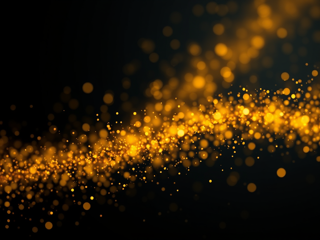 create a high-resolution abstract background of golden sparkles and dust particles swirling elegantly in a dark gradient using a DSLR camera with a 50mm lens, f/1.8 aperture, ISO 200, and a 1/60 second shutter speed, in a soft focus style with a bokeh effect