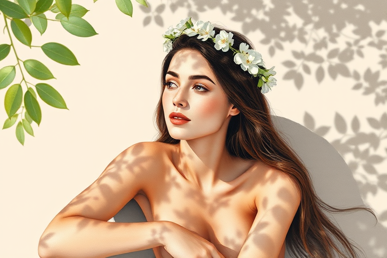 create a watercolor painting of an ethereal portrait of beautiful Chaldean woman with a simple white flower crown on her head. Her hair is long and she is lying on the ground. The sunlight on the trees casts shadows from the leaves on her face and body. The background is a neutral brown color that matches her skin tone. The image is minimalist and solid colors. This style is characterized by soft, delicate brushstrokes and a light, airy, contrasting color palette. High level of detail and play of light