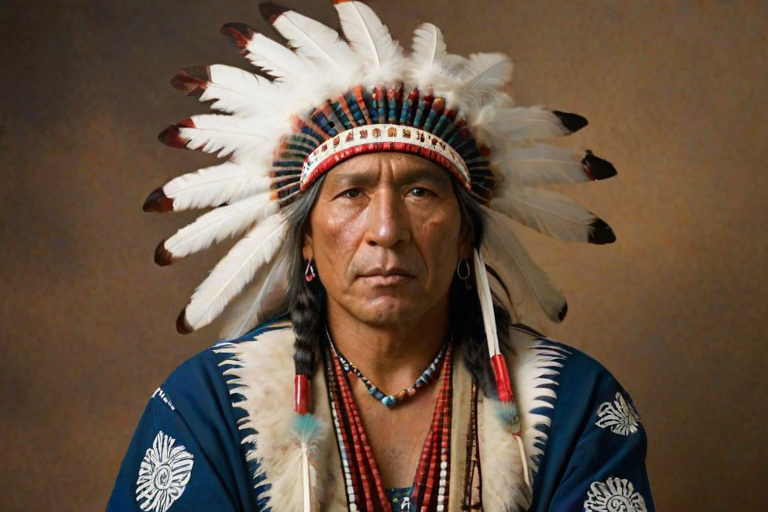 Create a dignified portrait of a Native American man dressed in traditional attire. He wears a beautifully crafted headdress adorned with white feathers and red beads, along with a beaded headband featuring intricate patterns. His clothing includes a deep blue, patterned shirt and a traditional chest piece with detailed beadwork. His arms are crossed, displaying leather armbands decorated with feathers. The background is simple and neutral, emphasizing his proud and stoic expression. The overall image captures the rich cultural heritage and strength of his persona.