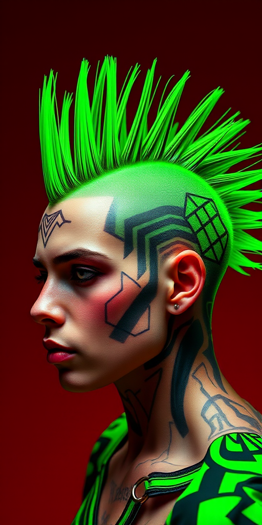 Edgy neon green mohawk with shaved sides featuring intricate geometric patterns, spiked to perfection known as "Cyber Punk Rebellion" radiating boldness and defiance