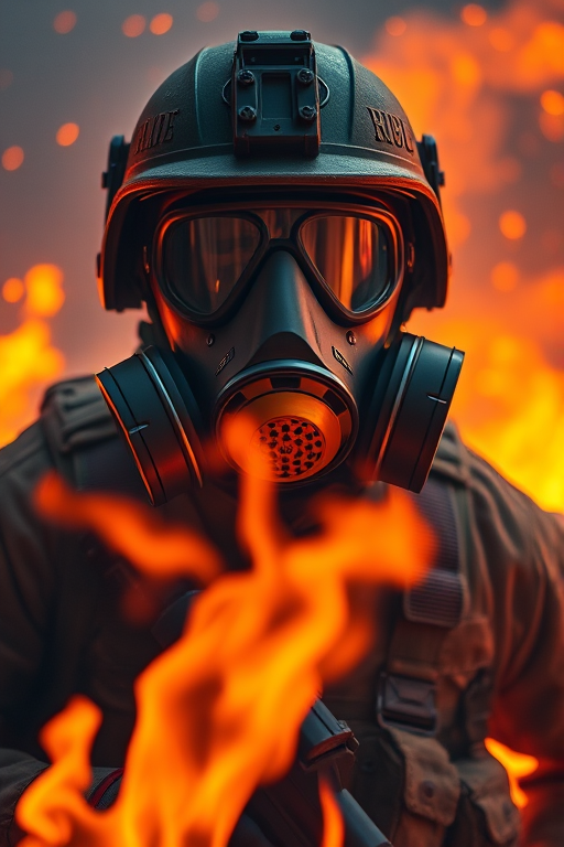 Generate a highly detailed, dramatic image of a soldier in a fiery environment wearing a gas mask, photographed with a full-frame DSLR camera at f/2.8, ISO 100, 1/200s shutter speed, in a low-angle view with a cinematic style and vibrant colors to enhance the intensity of the flames.
