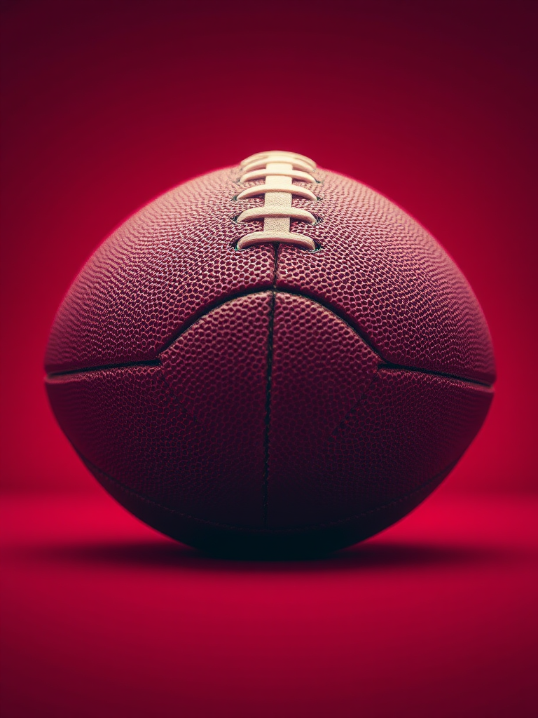 Create a high-resolution image of an American football centered on a solid background, using a Canon EOS R5, aperture f/2.8, shutter speed 1/250s, ISO 100, shot from a low angle with a shallow depth of field for a more dynamic look.