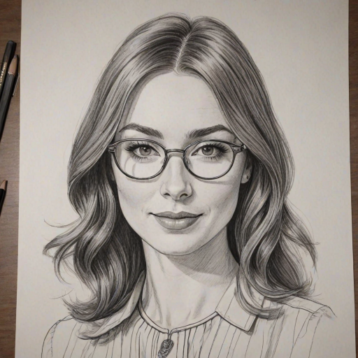 Elegant Felicia Day, pencil sketch, portrait of Magnificent woman 1967s in glasses, hair style beatnik, outline, clear lines, fine lines, 8k
