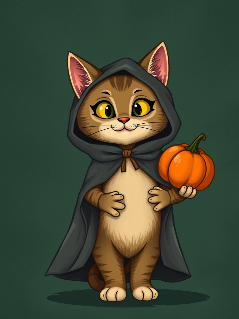 Create an illustration of a cartoon cat wearing a vintage cloak, holding a pumpkin, against a textured dark green background, using a DSLR camera with a 50mm lens at f/2.8, 1/125 shutter speed, ISO 100, in a soft-focus style for enhanced depth and detail.