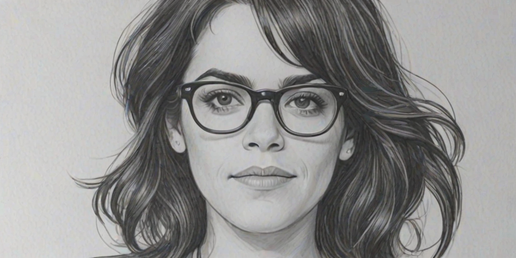 Fetching Abbi Jacobson, pencil sketch, portrait of Comely woman 1964s in glasses, hair style beatnik, outline, clear lines, fine lines, 8k