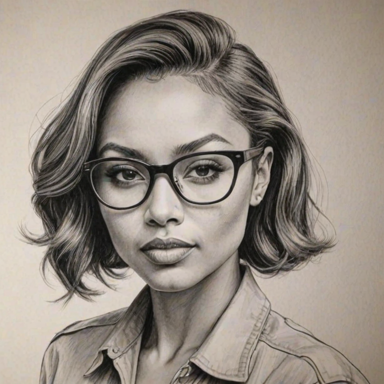 Fascinating Kat Graham, pencil sketch, portrait of Sublime woman 1942s in glasses, hair style beatnik, outline, clear lines, fine lines, 8k