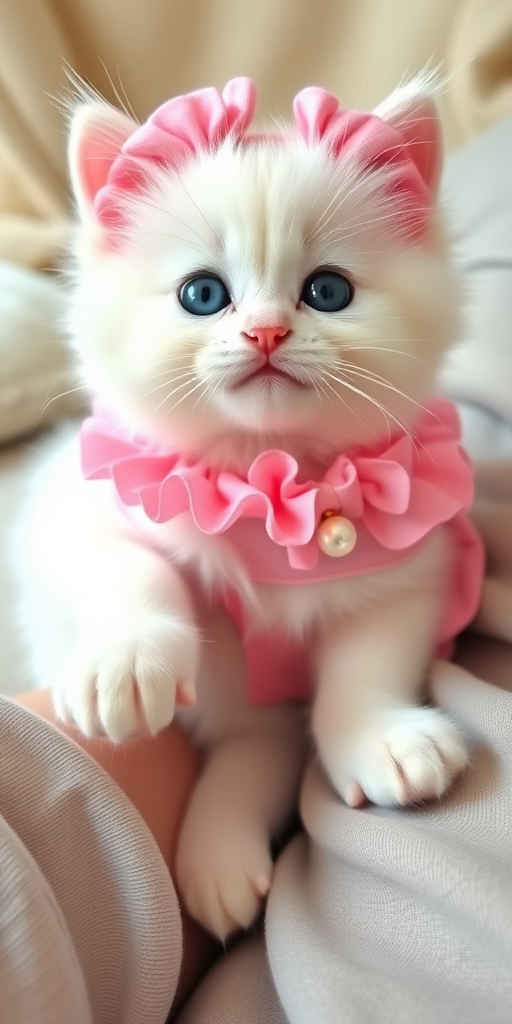 Fluffy white kitten with big blue eyes wearing a cute pink outfit with ruffles and a pearl detail, posing playfully while lying on a person's lap, soft background and cozy atmosphere.