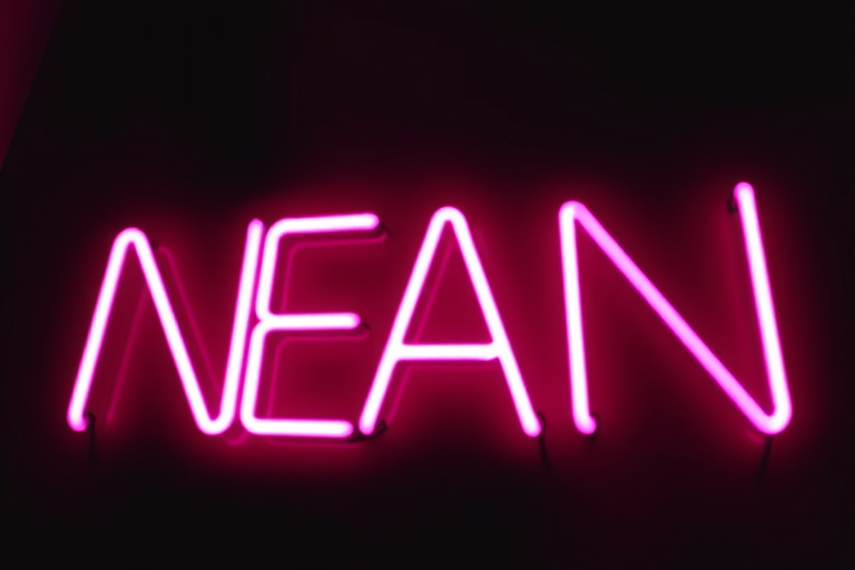 Create an image of the word neon in a bright pink neon light with a black background, using a DSLR camera with a 50mm lens, aperture set to f/1.8, ISO 100, 1/100s shutter speed, in a low-angle view for dramatic effect, with soft focus and vibrant colors to enhance the glow effect.