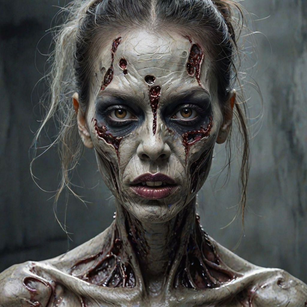 (perspective) of A creepy (ethnicity) zombie cyborg with (descriptive color) skin, (color) lipstick (color) liquid flowing from her eyes and mouth, (perspective two) portrait, (camera angle), extremely detailed, (art style) in the style of Yoshitaka Amano and Tetsuo Hara. --ar 85:128 --style raw --niji 6