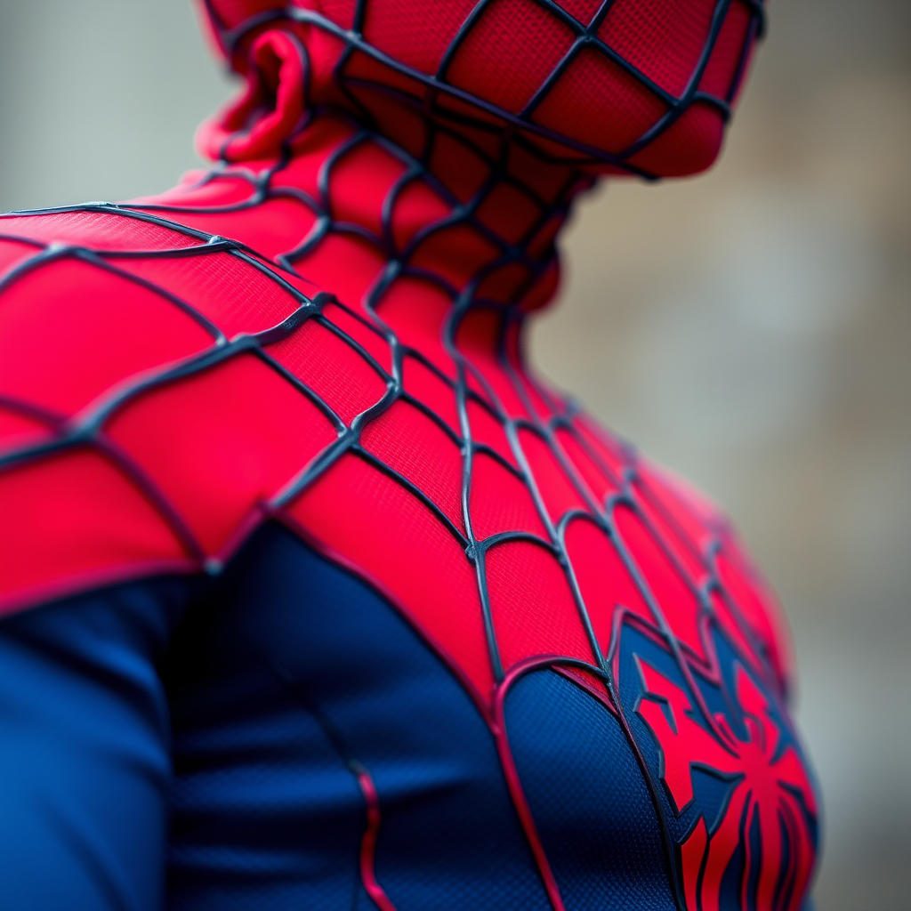 Create a close-up image of a person in a detailed Spider-Man costume showcasing vibrant red and blue colors with sharp web patterns, high-resolution, f/2.8 aperture for a shallow depth of field, ISO 100 for clarity, portrait orientation, shot with a DSLR camera using a macro lens to enhance the texture of the costume.