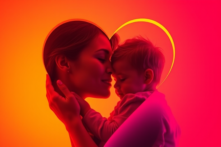Create an artistic representation of a mother and child in a heart shape, using vibrant colors and soft lighting, with a DSLR camera, 50mm lens, f/2.8 aperture, ISO 100, shot from a slightly elevated angle to enhance depth and warmth, focus on smooth gradients and glowing edges.