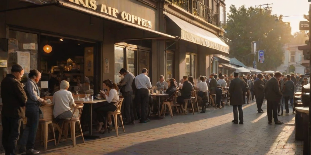 Busy cafe at dawn, with customers lining up for their morning coffee, the smell of freshly brewed espresso filling the air.