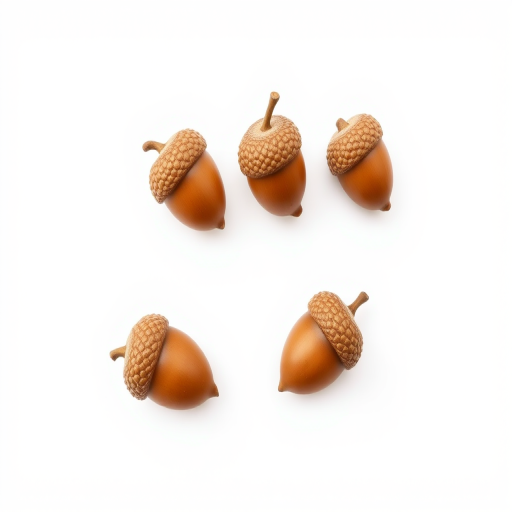 Create a detailed illustration of four acorns in a row, using a high-resolution digital illustration style, shot from a straight-on perspective with a clean white background, with soft, natural lighting and a slight shadow effect to enhance depth. Use a 50mm lens, aperture set to f/8, ISO 100.