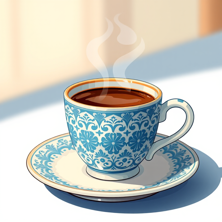 Create a detailed illustration of a steaming cup of coffee in a blue patterned ceramic mug on a matching saucer with a soft focus background, using a Canon EOS R5, f/2.8 aperture, 50mm lens, natural lighting, and a shallow depth of field to enhance image quality.