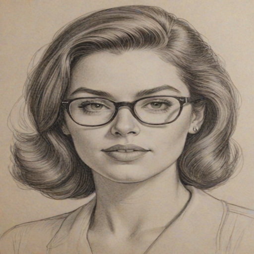 Resplendent Amy Pietz, pencil sketch, portrait of Gorgeous woman 1944s in glasses, hair style beatnik, outline, clear lines, fine lines, 8k