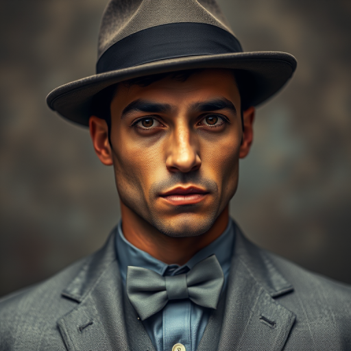 Generate a vintage-style portrait of a man in a gray suit and bow tie, wearing a fedora hat, with a serious expression; use a DSLR camera with a 50mm lens, aperture f/2.8, ISO 100, soft lighting, and a shallow depth of field to enhance details and background blur.