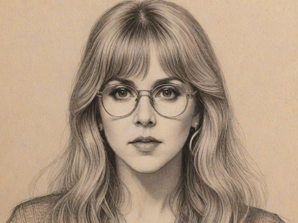 Magnificent Stevie Nicks, pencil sketch, portrait of Appealing woman 1926s in glasses, hair style beatnik, outline, clear lines, fine lines, 8k