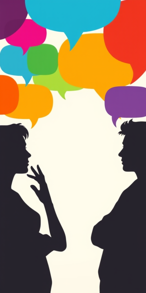create a vibrant illustration of silhouettes engaging in conversation with colorful speech bubbles, using a Canon EOS R5 camera with a 50mm lens, aperture set to f/4, ISO 100, and a shallow depth of field for enhanced sharpness and clarity, capturing a flat design style against a neutral background