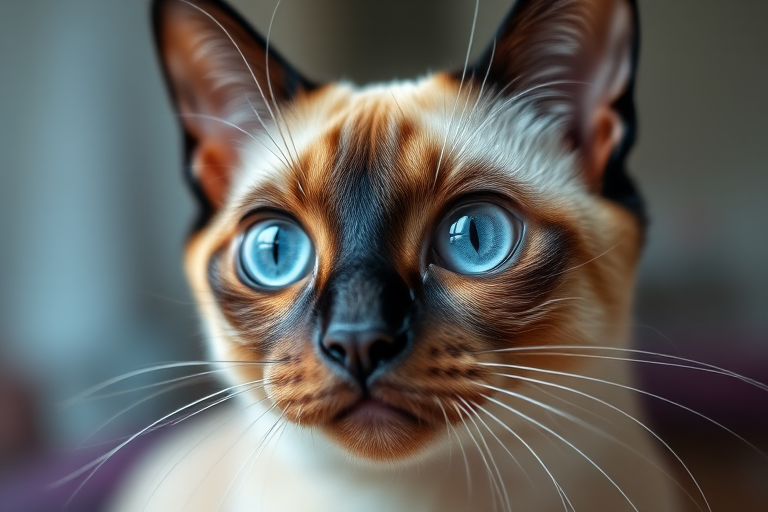 Capture a close-up shot of a Siamese cat with striking blue eyes and wet fur, using a DSLR camera with an aperture of f/2.8, ISO 100, and a focal length of 50mm, in soft natural light, with a shallow depth of field to enhance the background blur.