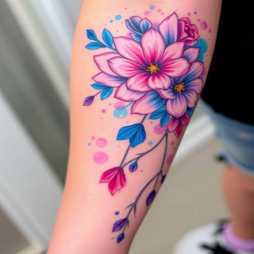 Vibrant watercolor tattoo named "Prismatic Bloom" featuring a cascading floral arrangement with splashes of vivid blues, purples, and pinks, blending seamlessly into the skin with a soft, dreamlike quality