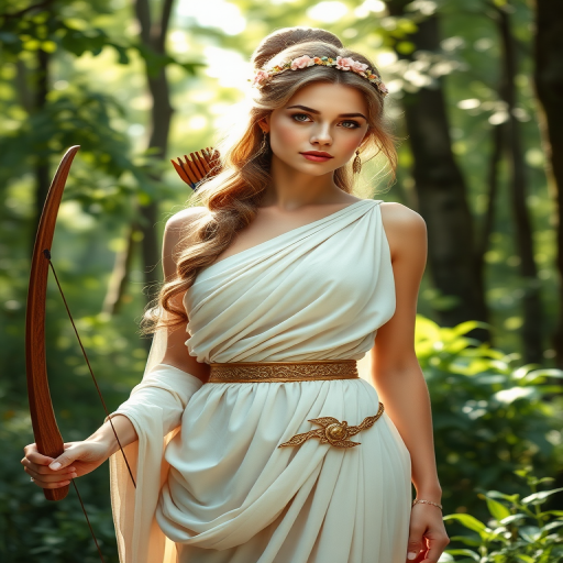Create a portrait of a goddess-like female figure in a tranquil, forested environment. She has an elegant appearance with long, wavy hair styled in an updo and adorned with a delicate, floral headband. She wears a flowing, ancient Greek-inspired gown in a soft, pale color, featuring a one-shoulder design and draped fabric that accentuates her graceful form. The outfit includes a decorative belt with ornate gold detailing, and she holds a bow in her hand, with a quiver of arrows slung over her shoulder. The background depicts lush greenery, with sunlight filtering through the trees, casting a gentle, ethereal light on the scene. Her expression is calm and contemplative, embodying a sense of wisdom and serenity.