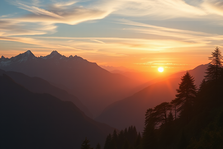 Create a high-resolution digital artwork of a peaceful mountain landscape at sunrise, using a full-frame DSLR camera with a 24mm f/2.8 lens, at ISO 100, f/8, and a shutter speed of 1/125 sec, with a wide-angle view and soft natural lighting to enhance colors and depth.