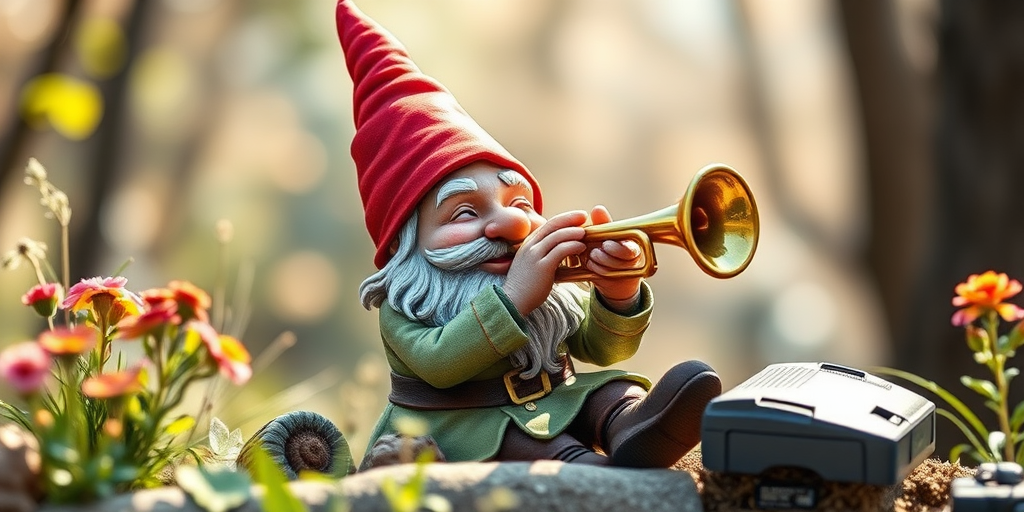 Create a detailed illustration of a gnome playing a trumpet, use a 50mm lens with an aperture of f/2.8 for shallow depth of field, shoot in natural light to enhance colors, and use a DSLR camera for high-quality results.