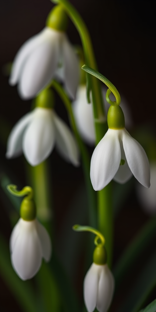 Close-up of snowdrop flowers in a dark background, f-stop 2.8, shutter speed 1/60s, ISO 200, macro lens, shallow depth of field, taken with a DSLR camera.