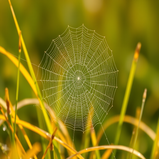 capture a close-up of a dewy spider web on golden grass with a blurred green background, using a Canon EOS 5D Mark IV, f/2.8, 50mm lens, ISO 100, shutter speed 1/200 sec, natural light, shallow depth of field
