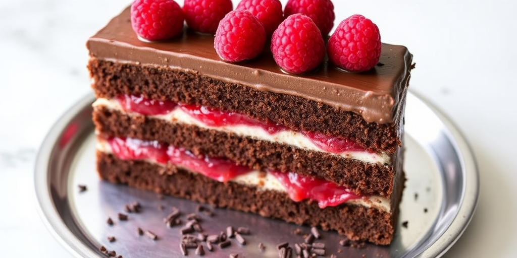 Chocolate cake slice with three layers, filled with raspberry jam, topped with chocolate frosting and fresh raspberries, served on a silver plate with chocolate sprinkles.