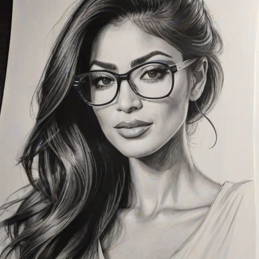 Fetching Nicole Scherzinger, pencil sketch, portrait of Bewitching woman 1975s in glasses, hair style beatnik, outline, clear lines, fine lines, 8k