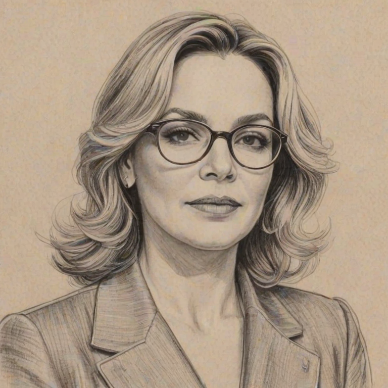 Appealing Kim Cattrall, pencil sketch, portrait of Dazzling woman 1945s in glasses, hair style beatnik, outline, clear lines, fine lines, 8k
