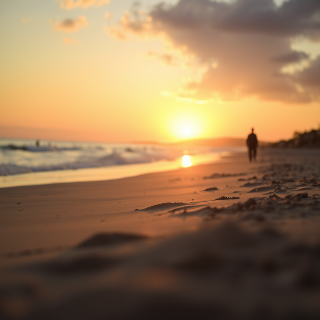 beach at sunset with people walking along the shore, warm golden tones, soft focus, Canon EOS R5, 50mm lens, f/1.8, ISO 200, aperture priority mode, low angle view, shallow depth of field