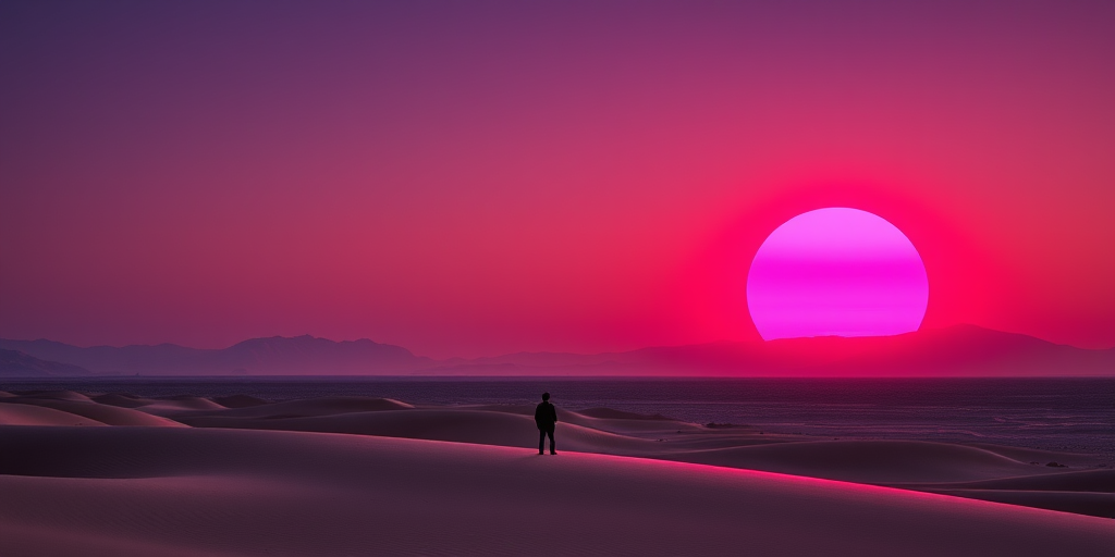 A surreal landscape at twilight featuring a massive neon pink sun setting over distant mountains and shimmering sands, with a lone figure standing in the foreground; shot with a Canon EOS R5, ISO 100, f/11, 1/60s, using a wide-angle lens at 24mm, in a high dynamic range style for enhanced depth and vibrancy.