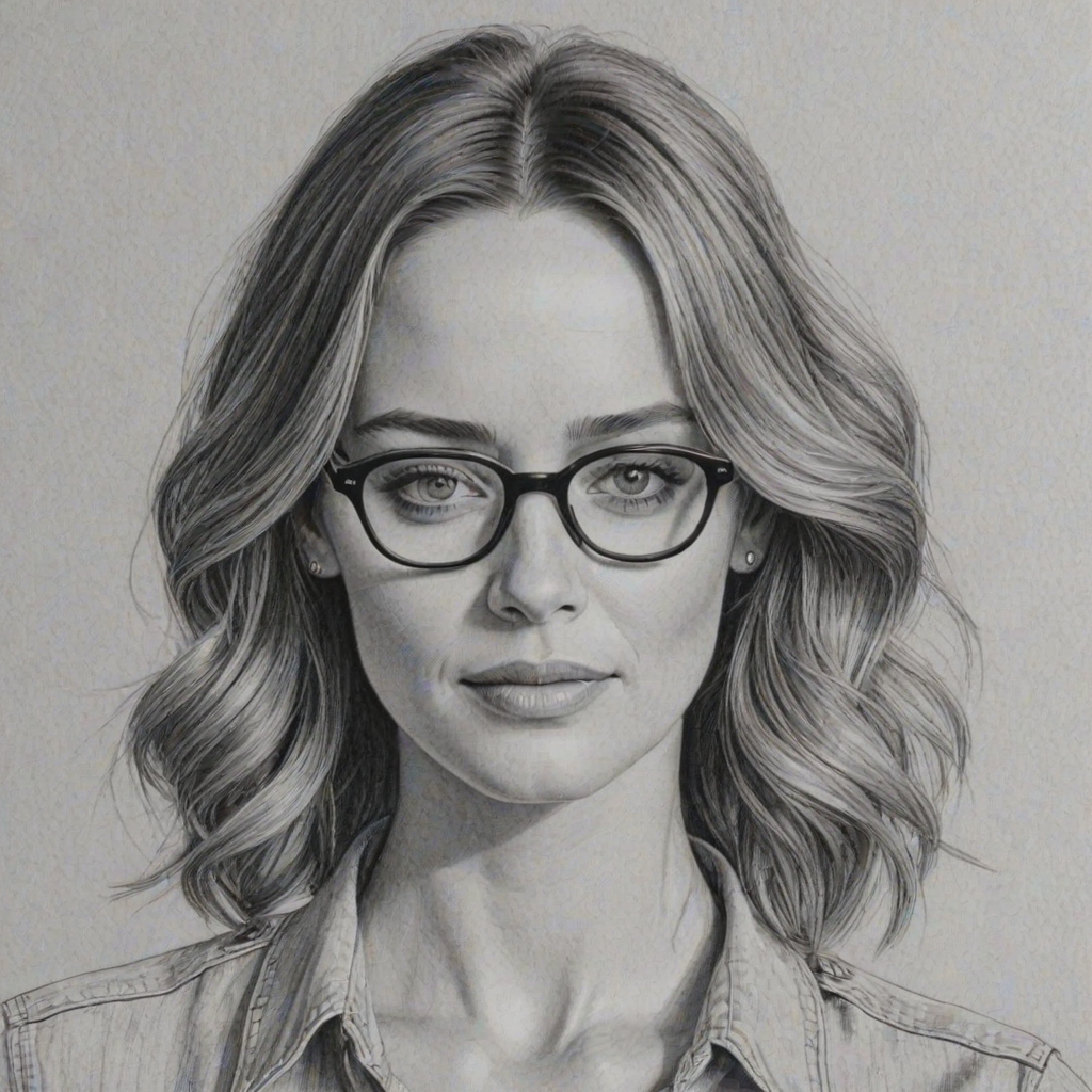 Delightful Emily Blunt, pencil sketch, portrait of Gorgeous woman 1975s in glasses, hair style beatnik, outline, clear lines, fine lines, 8k