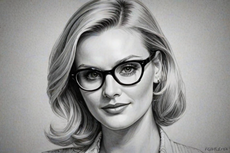 Ravishing Bonnie Somerville, pencil sketch, portrait of Gorgeous woman 1934s in glasses, hair style beatnik, outline, clear lines, fine lines, 8k