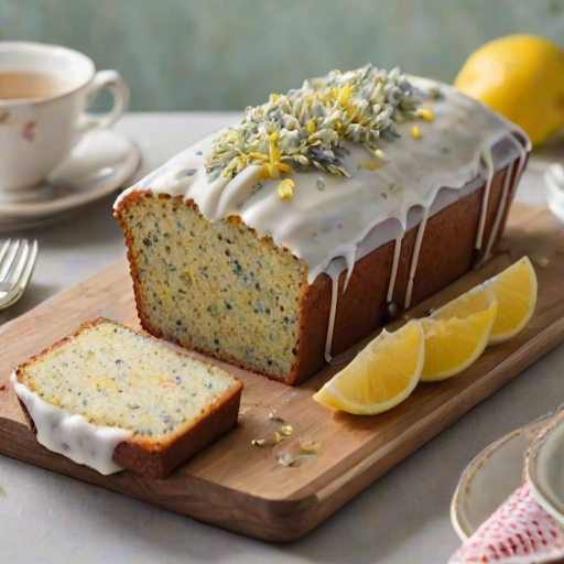 Create an image of a beautifully decorated lemon poppy seed loaf cake. The cake should have a light glaze drizzled on top, featuring delicate floral accents for decoration. The setting should include a soft, pastel background with a hint of a tea cup in the corner, creating a cozy and inviting atmosphere. A slice of the cake should be cut and displayed beside the loaf to showcase its texture.