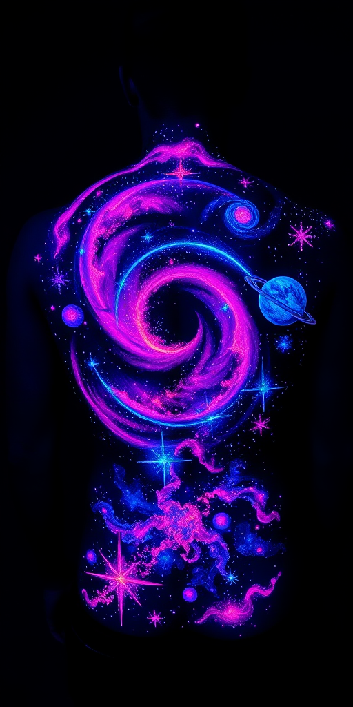 Ethereal UV ink galaxy tattoo spanning the entire back, depicting swirling nebulas, twinkling stars, and distant planets, glowing brilliantly under blacklight for a mesmerizing effect