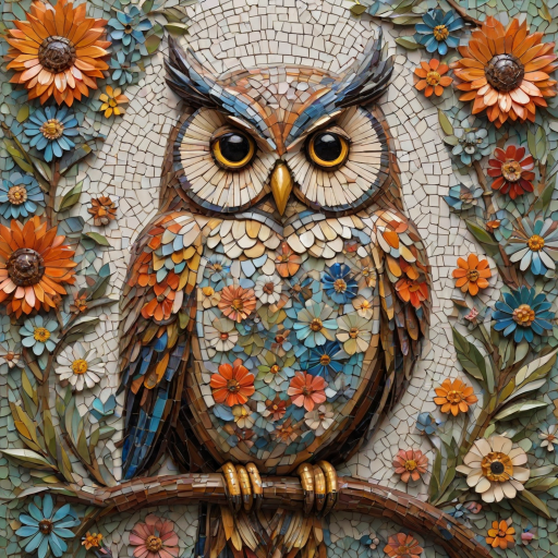 A mosaic of floral owls, one owl intricately composed of individual flower blossoms. The design showcases a delicate balance of nature and form, where the feathers of the owls are replaced by vibrant petals and blooms. The overall appearance is whimsical yet detailed, with each floral element contributing to the intricate patterns of the owl’s body. The artwork embraces a raw, organic style, with natural hues and soft textures, creating a harmonious blend of flora and fauna. The mosaic arrangement adds depth and visual intrigue to the piece, evoking a sense of wonder and artistic beauty.