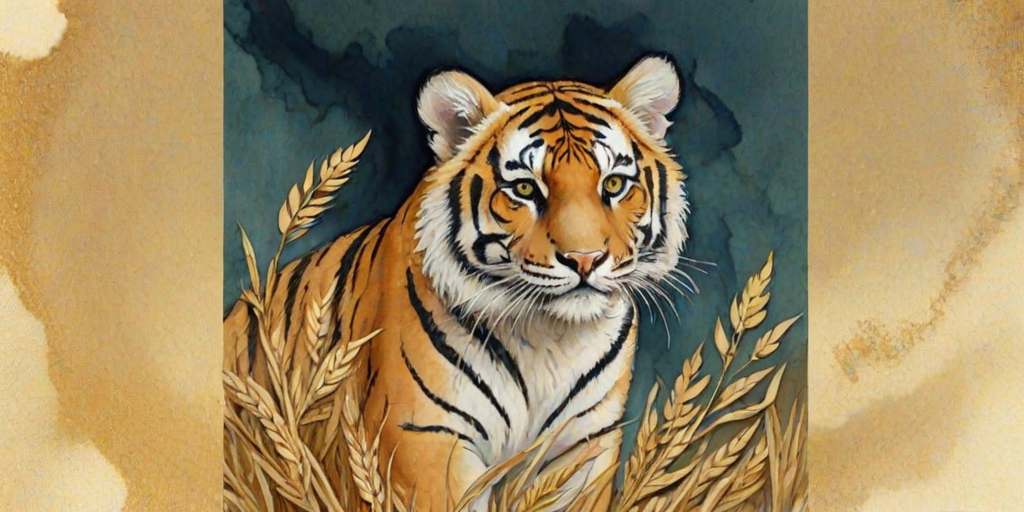 Soft, muted Alcohol Ink with ebru effect background image of tiny whimsical tiger, who climbed high on the top of a golden rye ear.