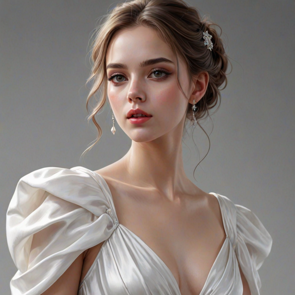 digital painting,  digital illustration,  stunning girl, make up , white silk dress extreme detail,  digital art,  4k,  ultra hd