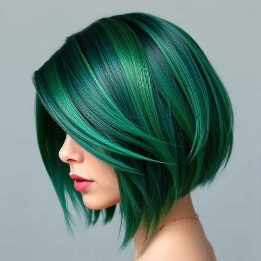 Striking emerald green bob with asymmetrical layers, designed by Jade Evergreen, boasting a sleek shine and subtle blue undertones, accented with hand-painted gold leaf patterns along the edges