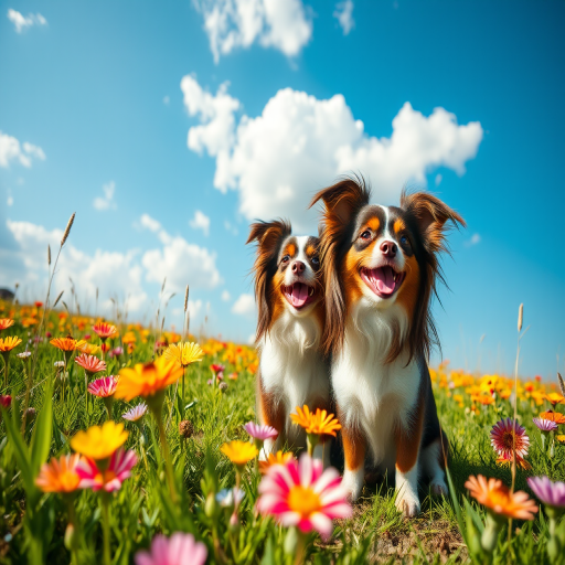 Two happy Papillon dogs sitting among vibrant spring flowers in a sunny field with a clear blue sky and fluffy clouds, shot with a Canon EOS R5, 50mm f/1.2 lens, aperture f/2.8, ISO 100, at eye level with a shallow depth of field for enhanced background blur.