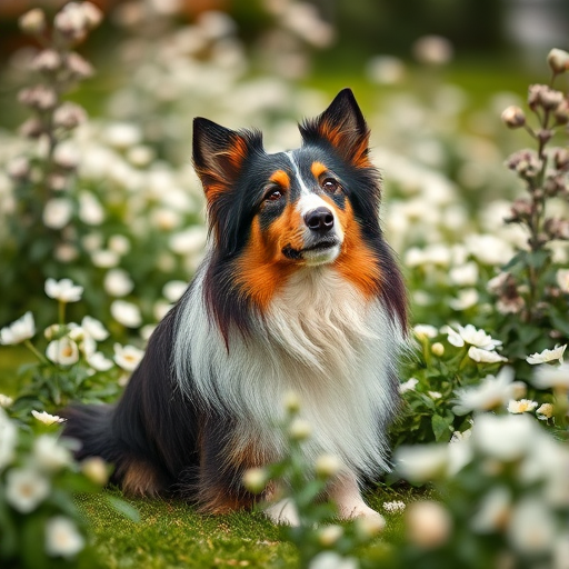 a well-groomed collie sitting among a lush backdrop of white flowers in soft focus, taken with a DSLR camera at f/2.8 aperture, 50mm lens, shallow depth of field, natural lighting, and a slight upward angle for dramatic effect