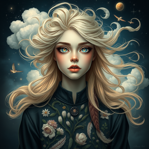 Create a series of imaginative portraits where each subject is infused with elements of fantasy and nature. The hair of the individuals should flow like clouds, varying from soft, fluffy cumulus to wispy cirrus strands, with hints of color reflecting a sunset or a clear blue sky. The eyes should be windows to entire galaxies, with stars, nebulae, and distant planets visible within them. Clothing should be adorned with nature motifs, such as floral patterns that bloom and change, vines that seem to grow and wrap around, or feathers that shimmer with iridescence. Each portrait should capture a unique personality, blending human features with the ethereal beauty of the natural and cosmic world. The backgrounds can vary, from starry night skies to enchanted forests, adding depth and context to the magical realism of the portraits