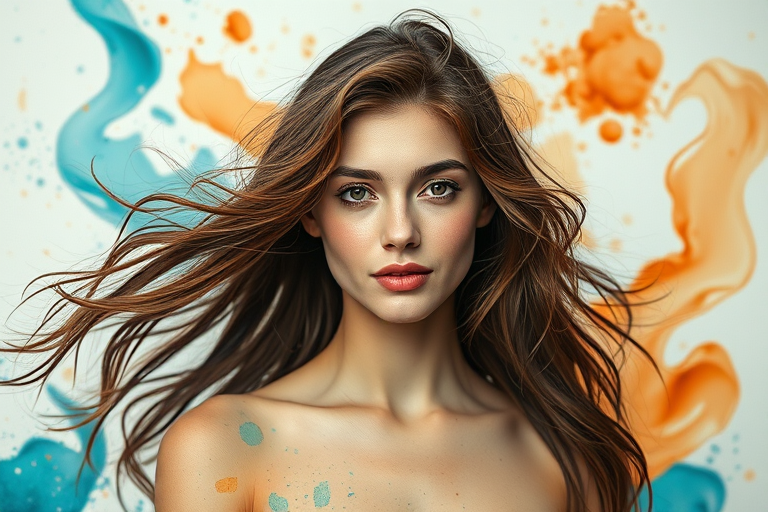 Create an ethereal portrait of a woman with flowing hair amidst vibrant splashes of teal and orange watercolor paint, capturing a serene expression with a soft-focus background, shot with a Canon EOS R5 at f/1.8, ISO 100, shutter speed 1/200s, in portrait orientation to enhance detail and depth.