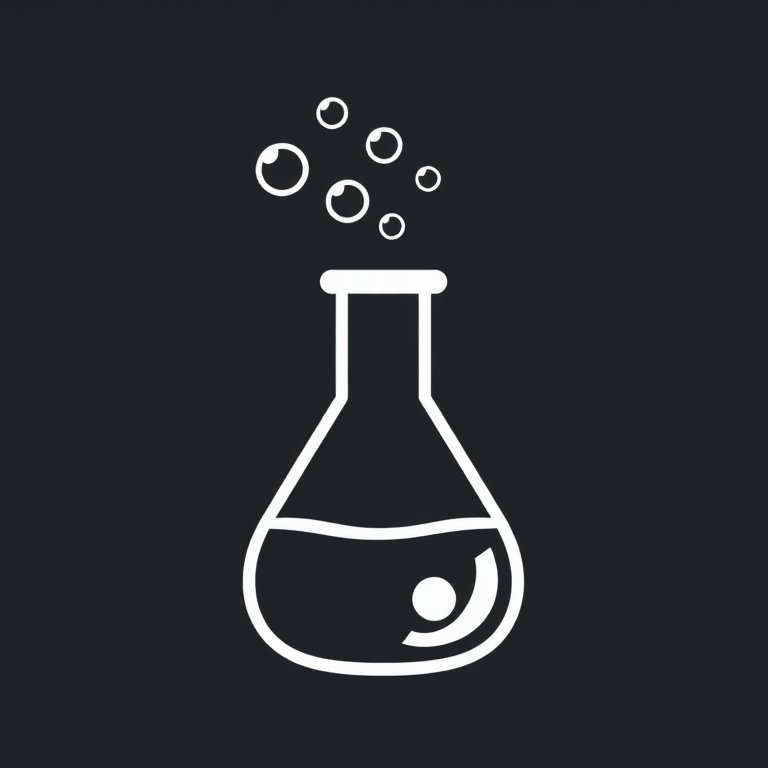 Create an image of a black and white laboratory flask icon with bubbles above it, using a DSLR camera with a 50mm lens, aperture set to f/1.8, ISO 200, in high contrast and sharp focus, front view, flat design style.