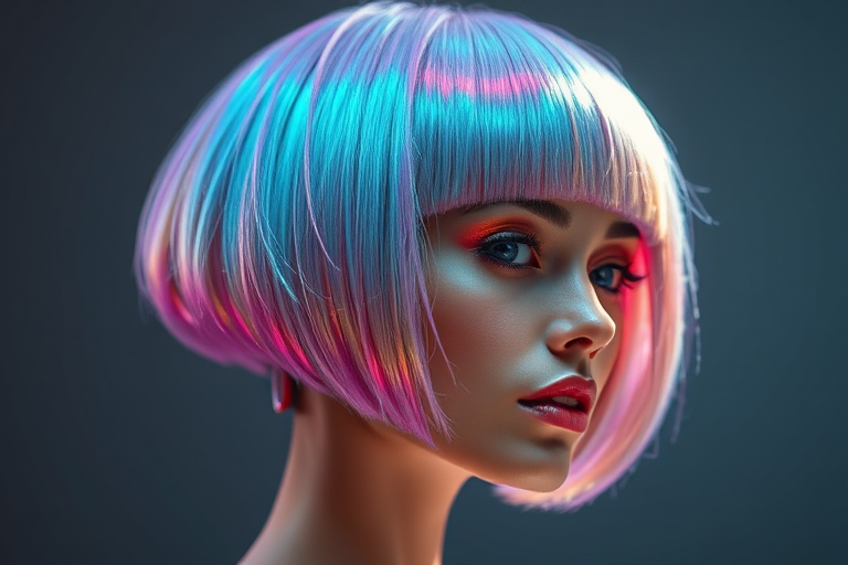 Futuristic Holographic Bob with a blunt cut and razor-sharp edges, shimmering with iridescent tones that shift colors as light reflects off the hair's surface