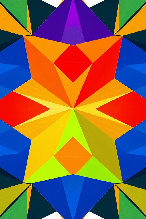 Create a vibrant geometric pattern featuring a hexagonal arrangement of colorful triangles in red, blue, green, and yellow with sharp contrasts, shot with a DSLR camera at f/8 aperture, ISO 100, 24mm lens, and a top-down view to capture maximum detail and clarity.